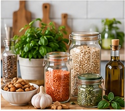 Healthy pantry ingredients arranged in a kitchen
