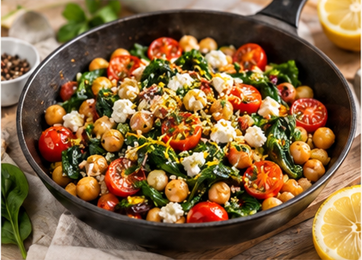 Finished Lemon Chickpea and Spinach Skillet with chickpeas, tomatoes, spinach and lemon