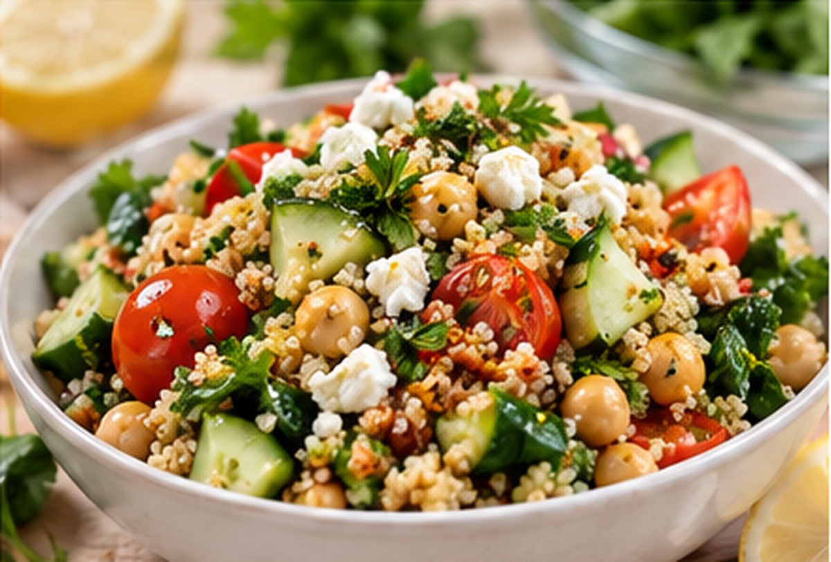 Quinoa and chickpea salad with greens and tomatoes