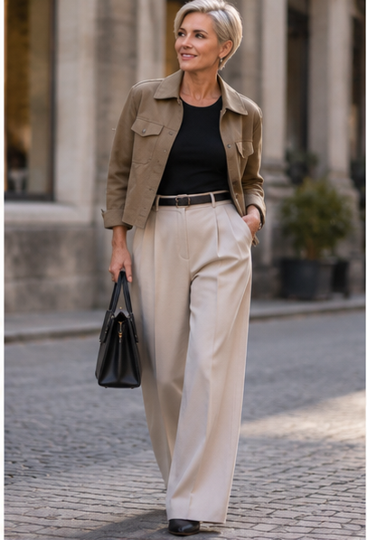 Woman wearing wide-leg trousers, a fitted top and a shorter jacket