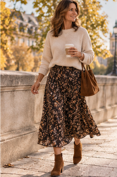 Woman wearing a midi skirt, knit sweater and ankle boots in autumn