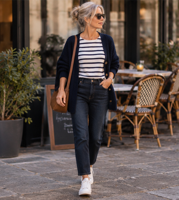 Woman wearing dark jeans, a striped top and cardigan