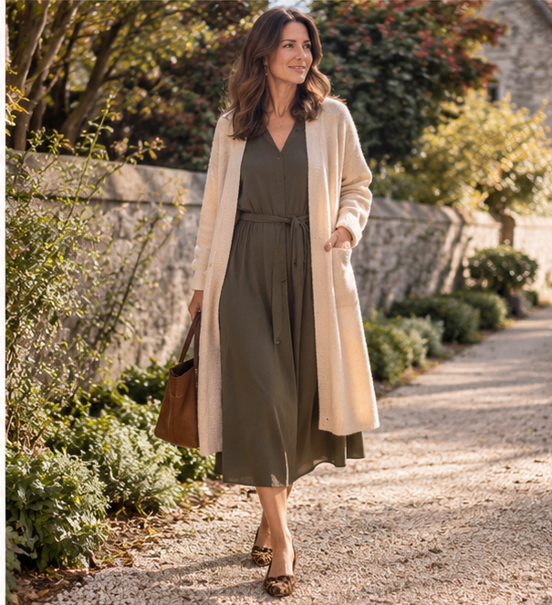 Woman wearing a simple dress with a long cardigan and flat shoes