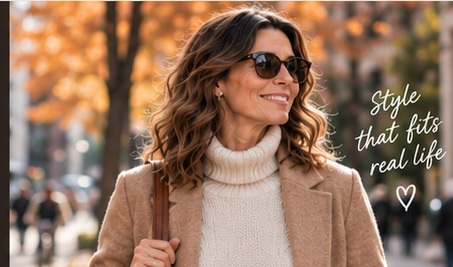 Woman in a camel coat and knitwear on an autumn day